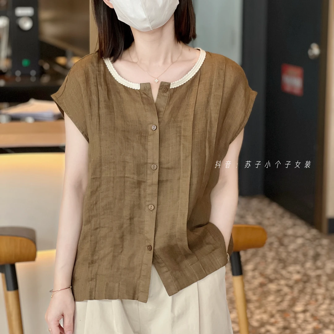 苏子自制【100%苎麻飞袖衬衫】夏季超薄透气拼色花边领凉快衬衣