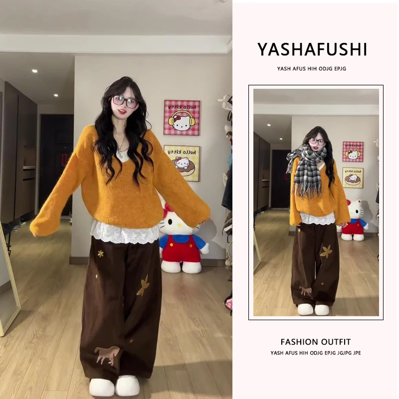 韩系橘色毛衣一整套秋冬穿搭女2025年新款巨好看的气质百搭两件套