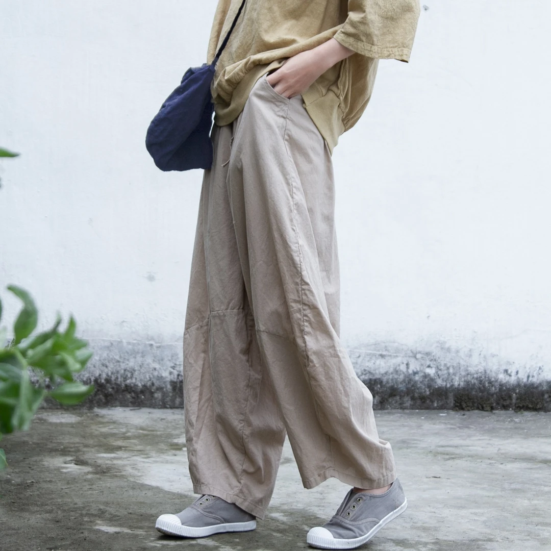 山千念壹 春夏设计新品宽松文艺长裤休闲旅行简约高密棉阔腿裤
