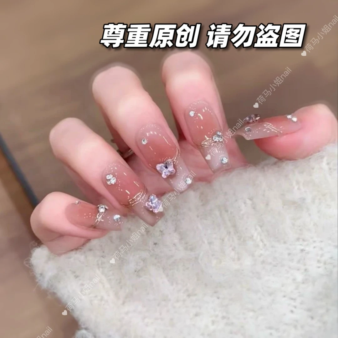 现货【初恋】气质裸色猫眼美甲蝴蝶钻温柔显白纯手工穿戴甲贴片10片