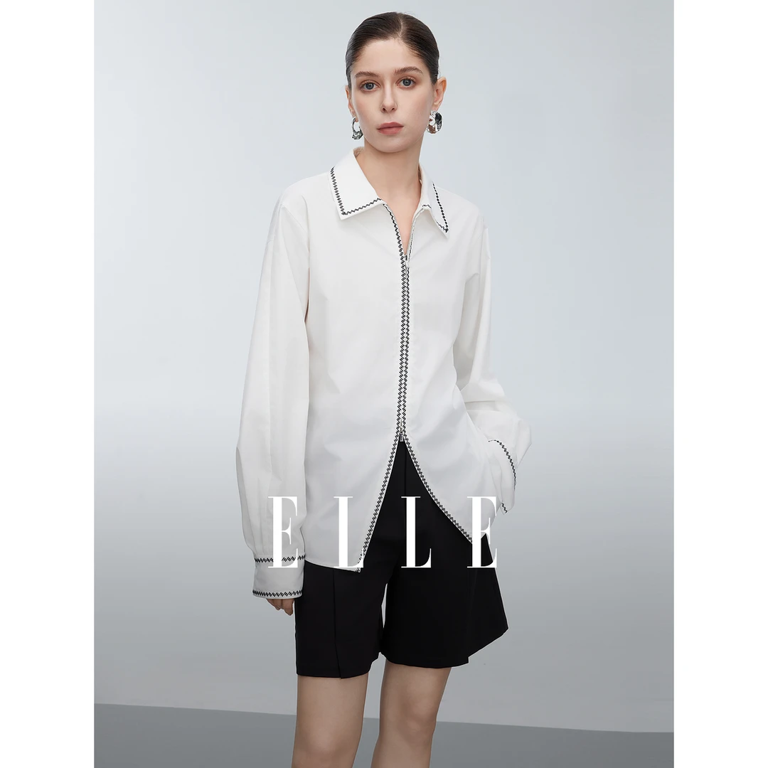 ELLE法式设计感翻领双拉链收腰长袖衬衫女2025春新款宽松EC50520