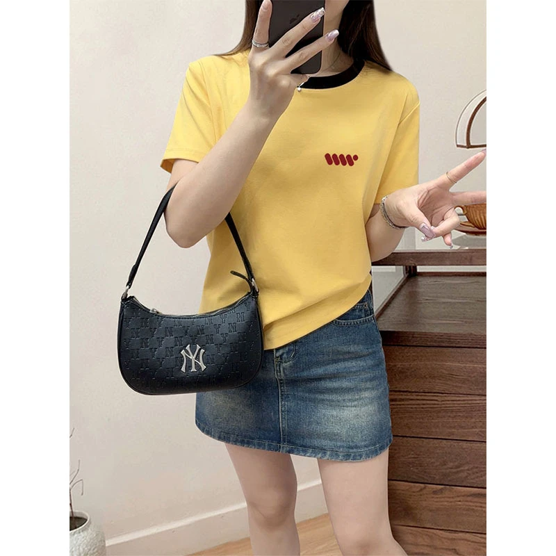 正肩圆领拼色圆领短袖t恤女时尚洋气常规款上衣打底衫2025夏季潮