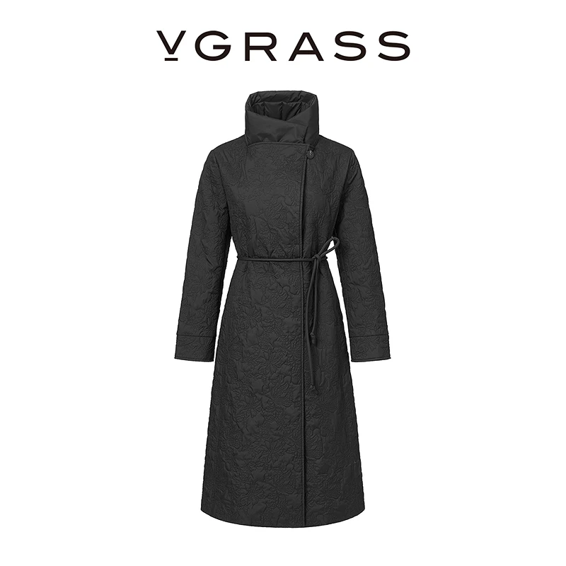 VGRASS25秋冬新款时髦优雅双层翻领重工绣花绗缝A字长款棉服大衣