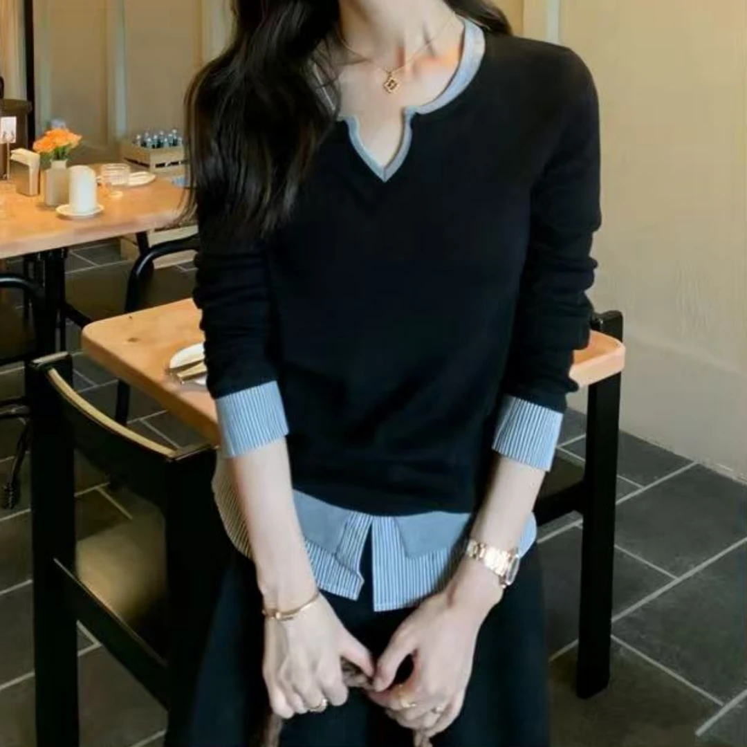 Manmi   双面仿羊绒条纹假两件拼接剪刀领打底衫  9068（C3）