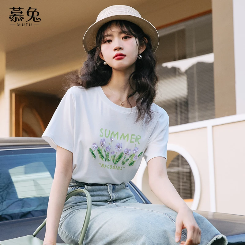 慕兔韩版正肩白色短袖t恤女2025夏季新款设计感小众宽松印花上衣