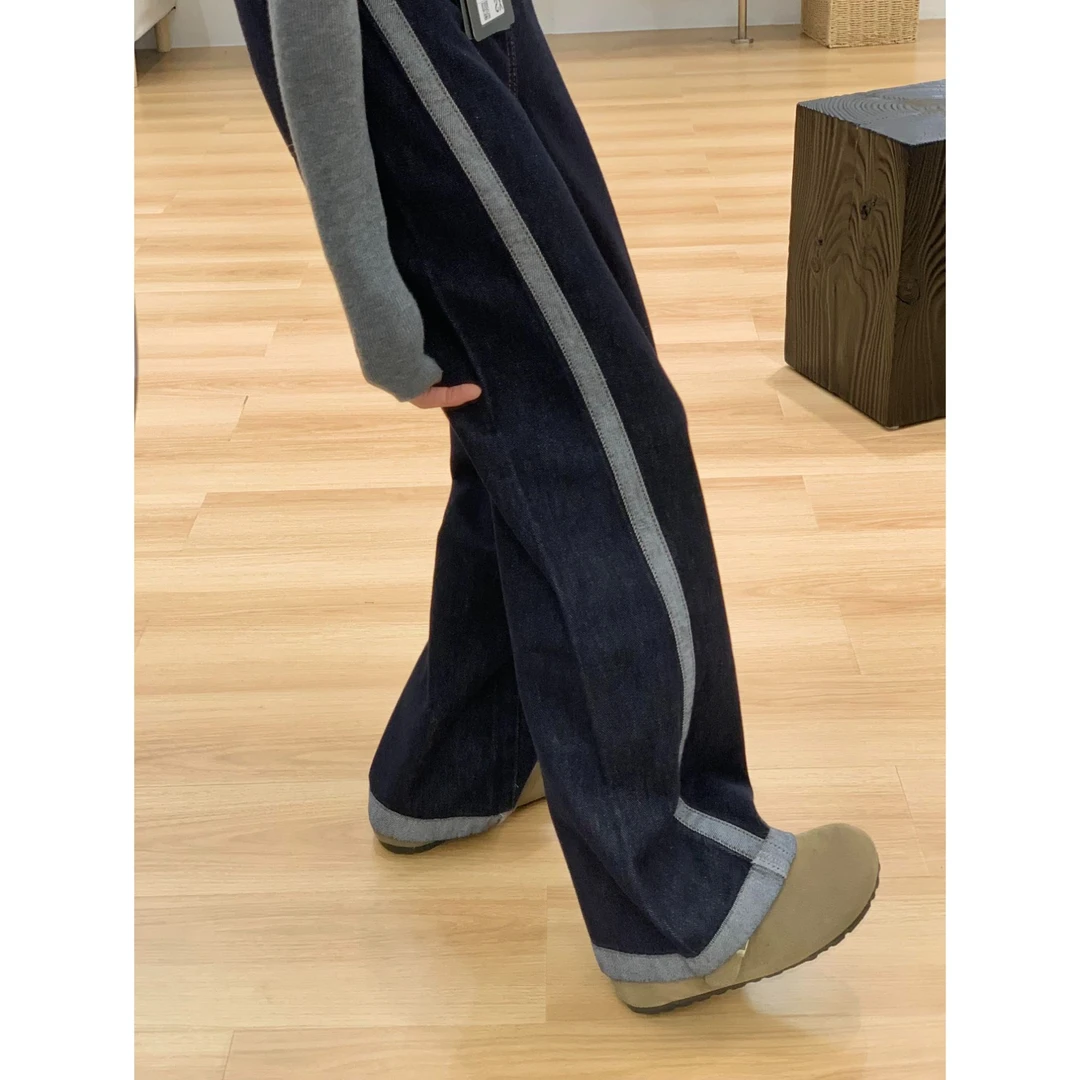 2025撞色拼接宽松直筒牛仔裤女深蓝色高腰显瘦垂感拖地阔腿裤子