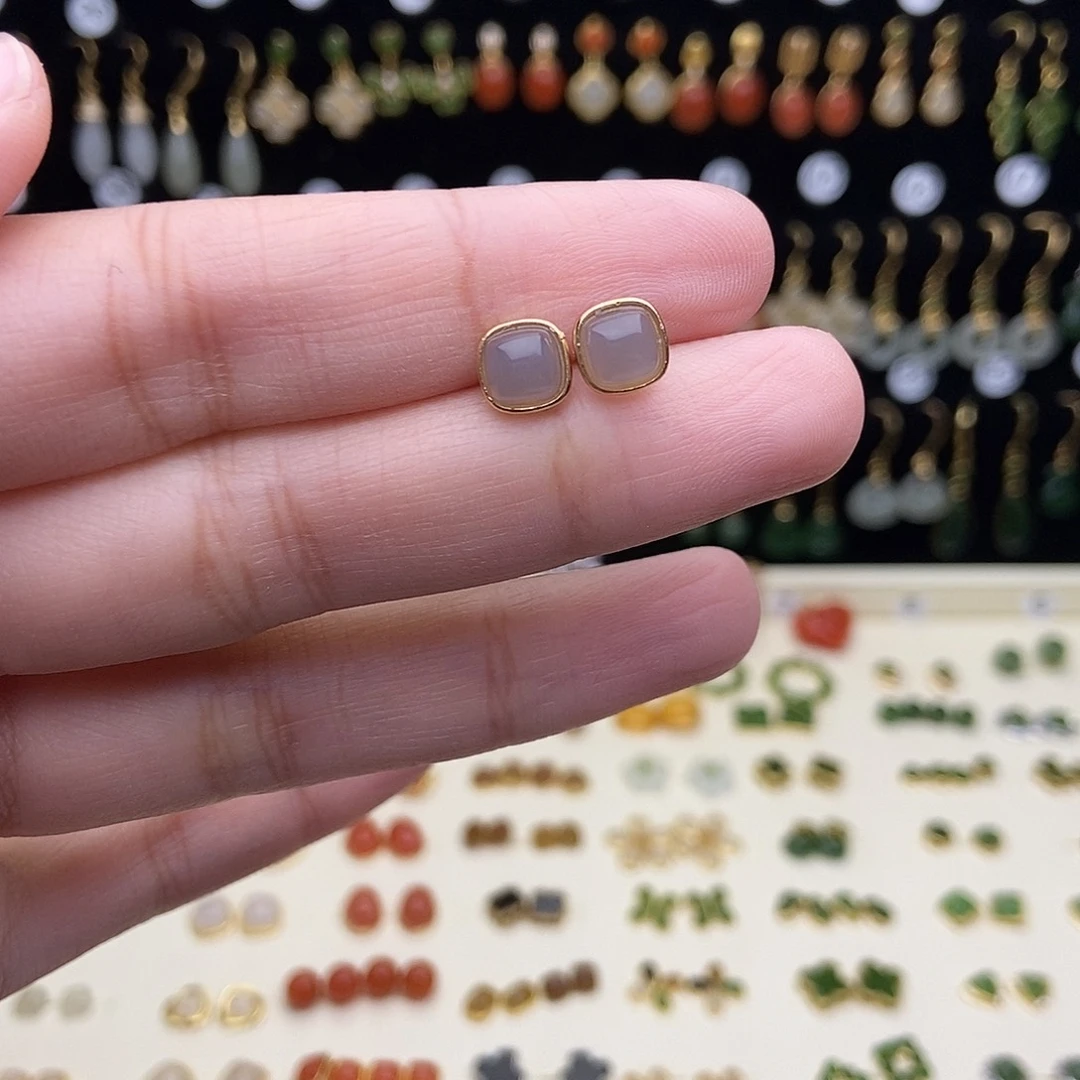 和田玉银S925镀金镶嵌耳饰