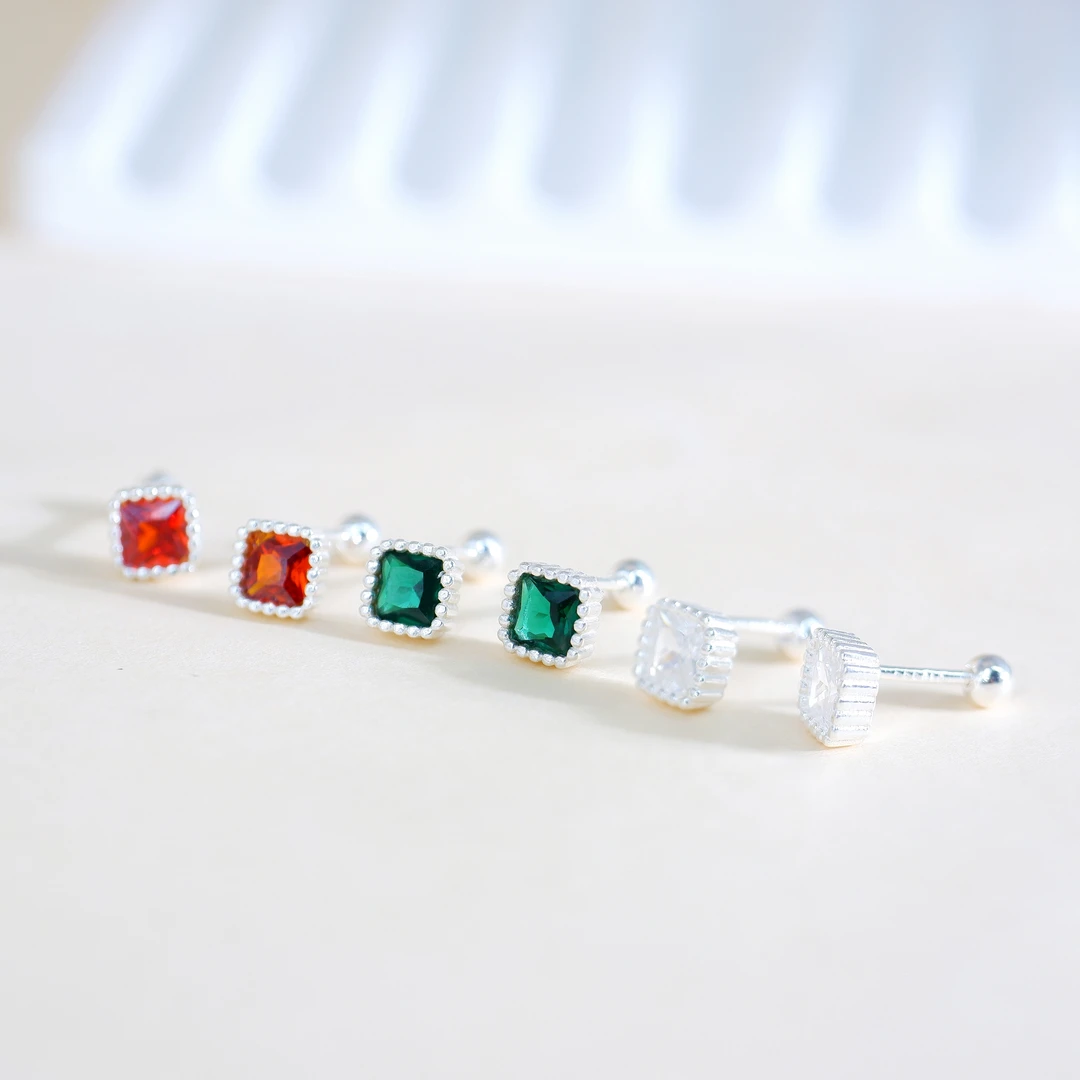 足银合成锆石耳饰 999银几何方块耳饰 气质百搭螺丝拧珠耳钉