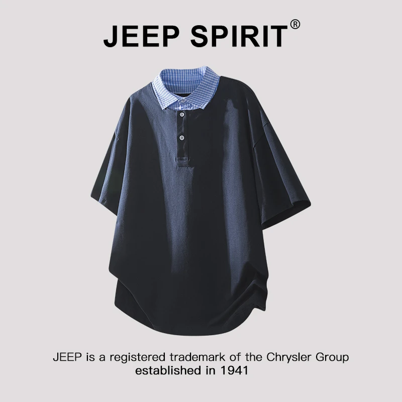 JEEPSPIRIT吉普假两件短袖t恤男士夏季拼接格子衬衫领半袖polo衫