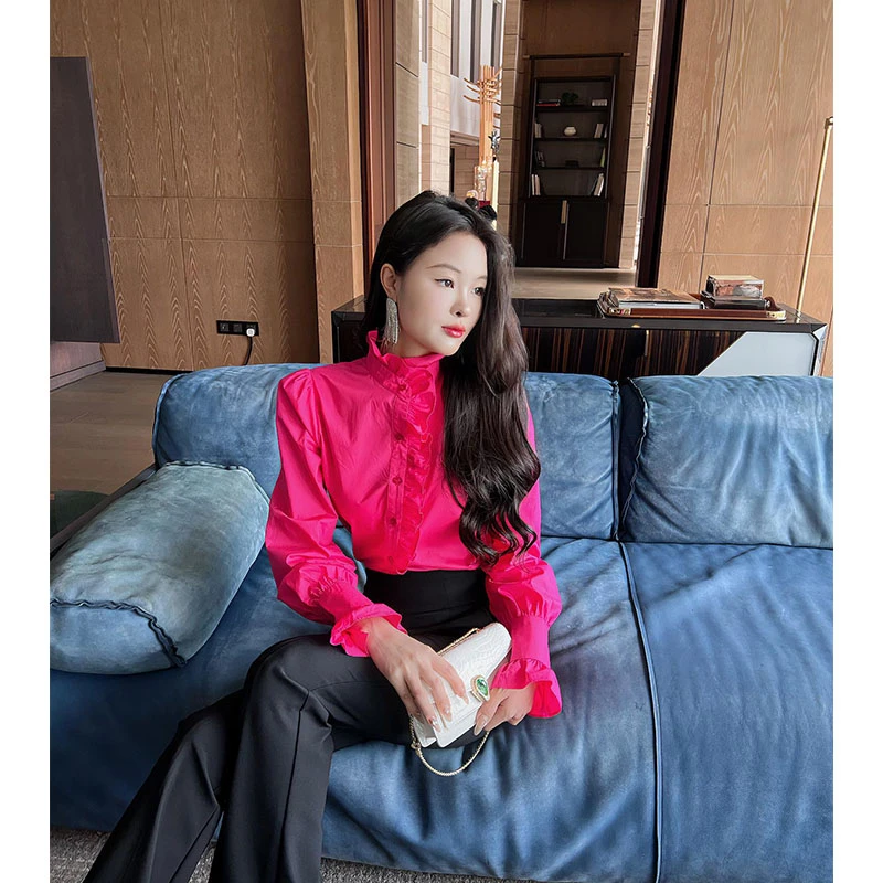 格润雅气质时尚荷叶边高领衬衫女设计感2025新款独特别致上衣