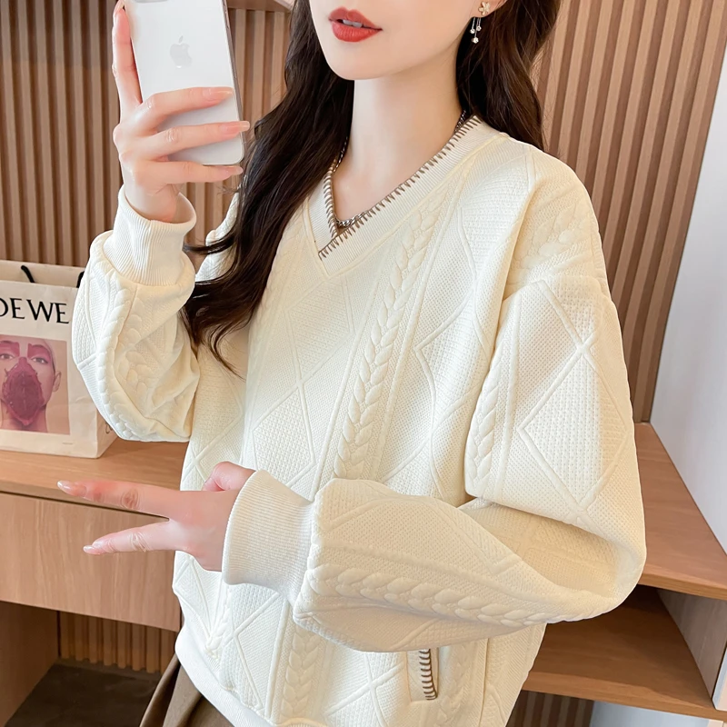 卫衣女春秋季薄款V领设计长袖外套韩版宽松纯色提花洋气上衣ins潮