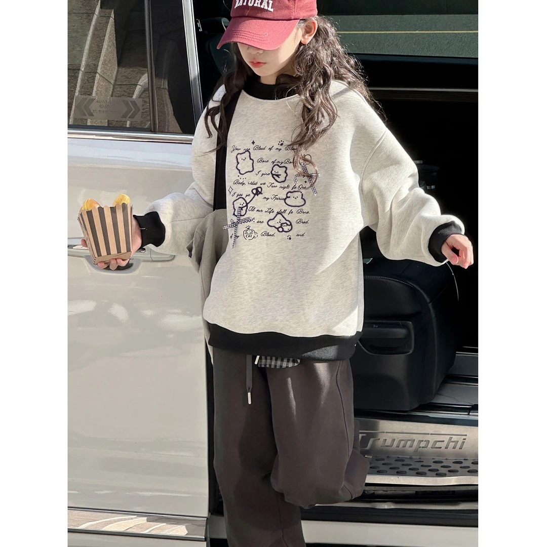 K30392孙小美小熊刺绣软萌风女童加绒加厚卫衣秋冬装儿童上衣潮