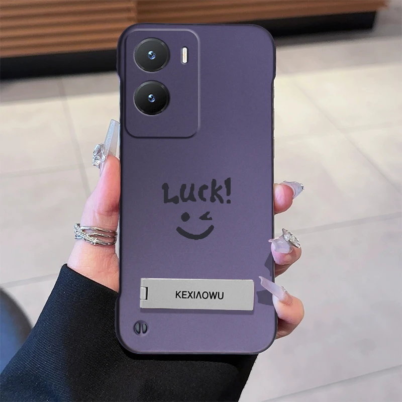 适用VIVOY35手机壳无边框超薄壳时尚潮支架金属漆散热笑脸保护套