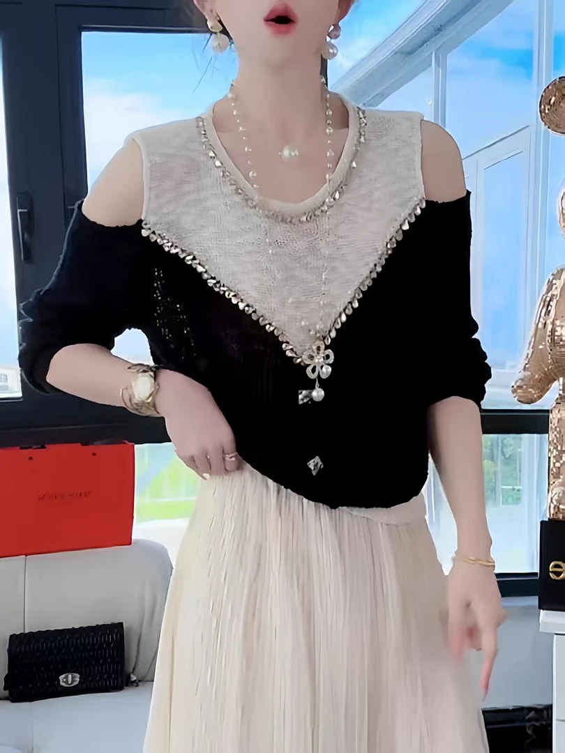 时尚重工镶钻假两件针织衫女2025秋季新款撞色拼接一字肩气质上衣