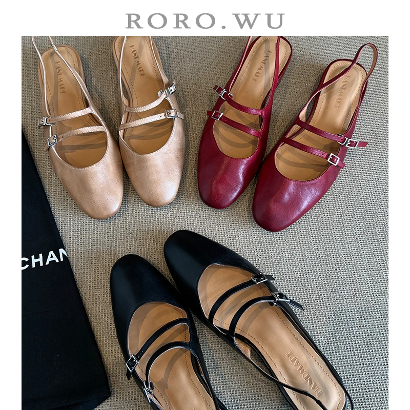 娆娆吴·头层牛皮简约文艺双扣带后空减龄淑女气质凉鞋T224