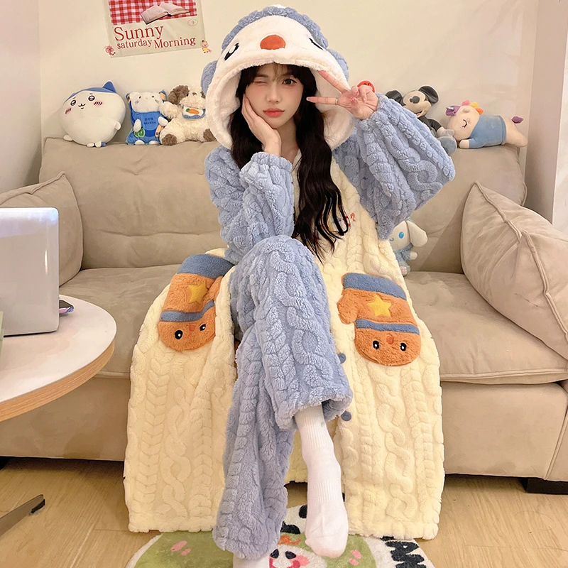 秋冬季睡袍女款珊瑚绒新款睡衣加绒加厚卡通冬天可外穿家居服套装