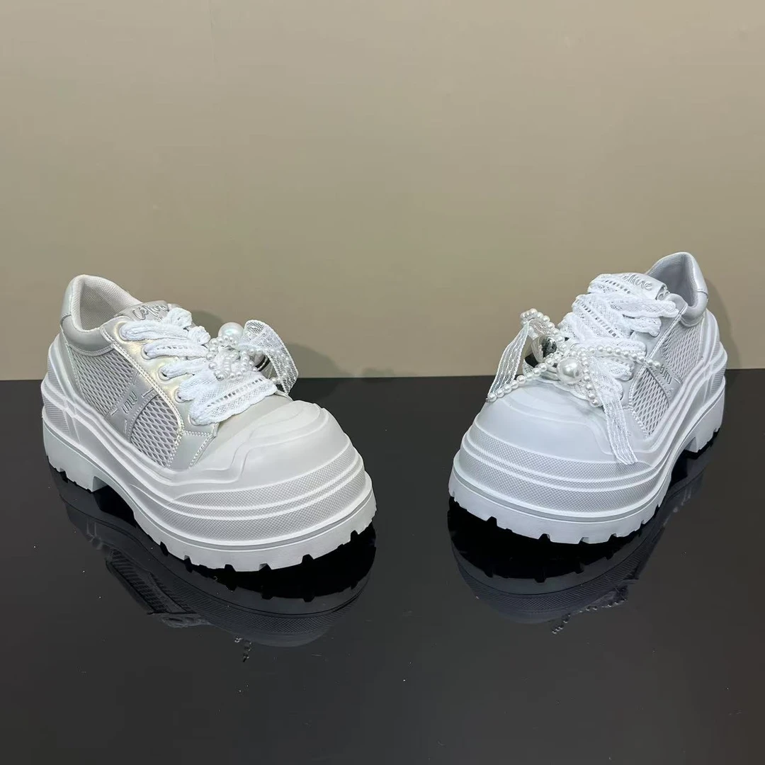 时尚圆头松糕底透气春夏新款韩版珍珠休闲小白鞋透网百搭0048