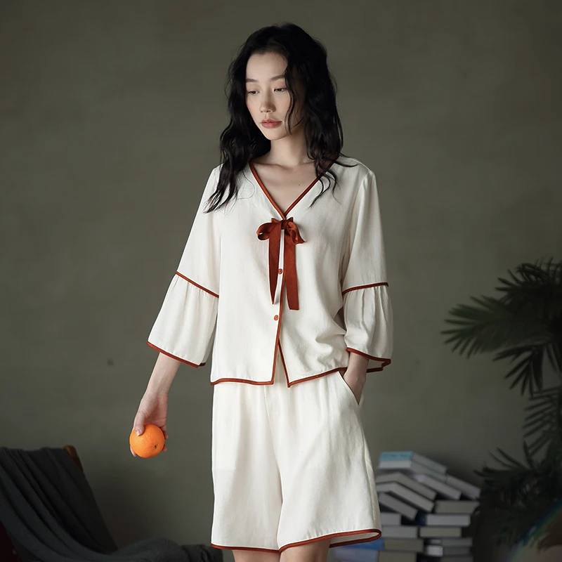 短款常规中国风宽松家居服套装睡衣绑带夏季春季上衣透气26138