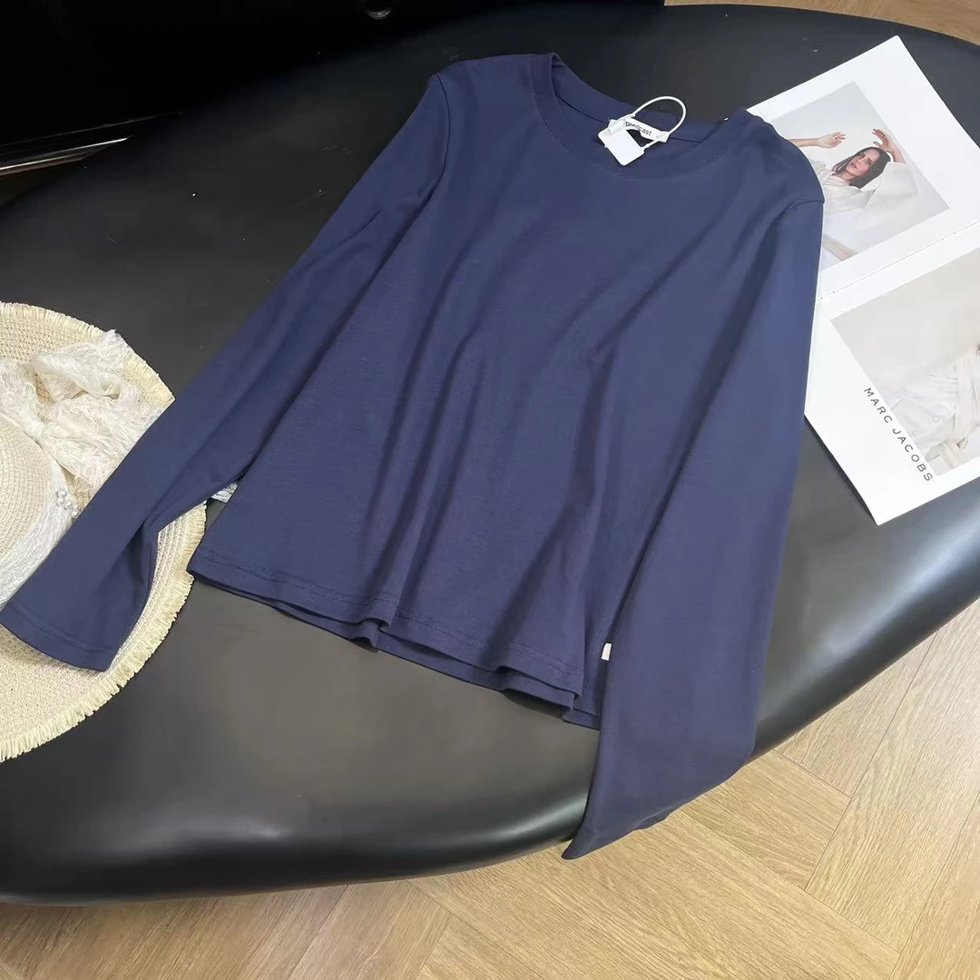 100棉~韩版简约时尚减龄百搭纯色圆领长袖T恤H9196