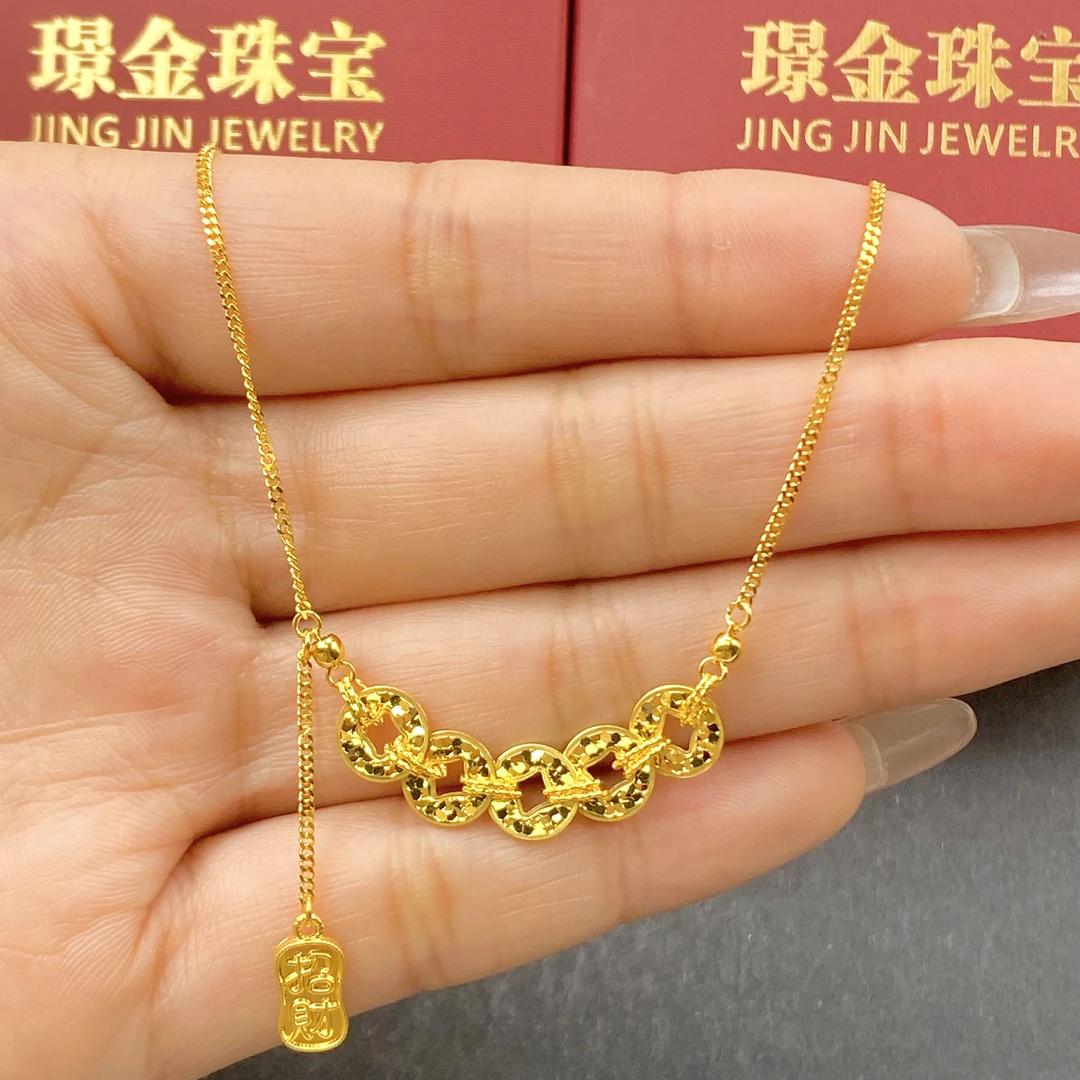 璟金珠宝足金999黄金碎冰五帝钱招财纳福项链有延长链金重6.42g