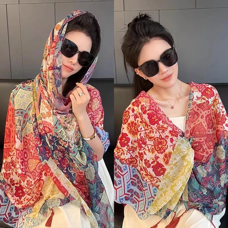 2025新款夏季防晒披肩女盘扣长款民族风新疆旅游拍照沙滩丝巾斗篷