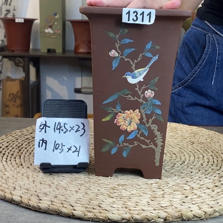 紫砂花盆  放漏新品紫泥彩绘签筒1311