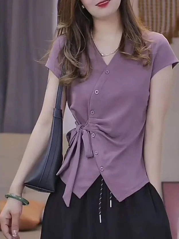 【琪琪】大码法式设计感V领不规则侧边绑带短袖T恤女夏季新款上衣