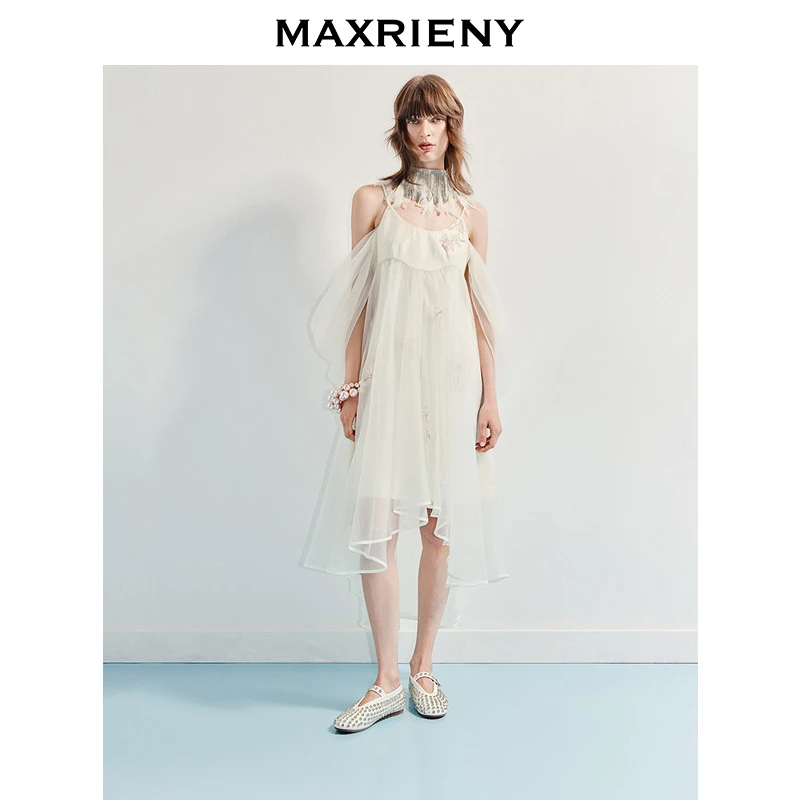MAXRIENY优雅度假风露肩吊带连衣裙25夏波嬉风网纱长裙订婚小白裙