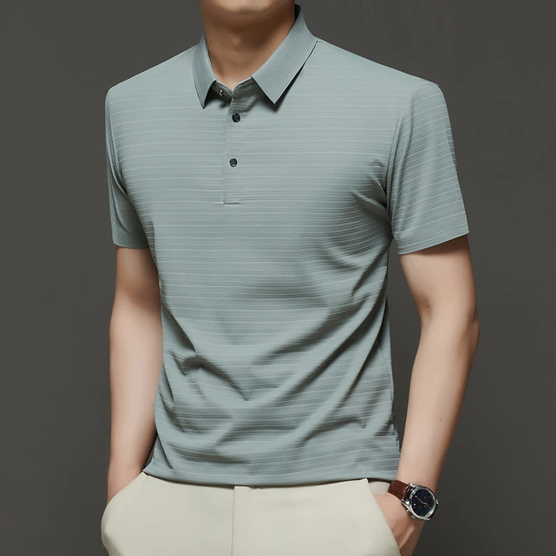 夏季新款短袖无痕T恤男士凉感休闲条纹翻领POLO衫中年爸爸装薄款