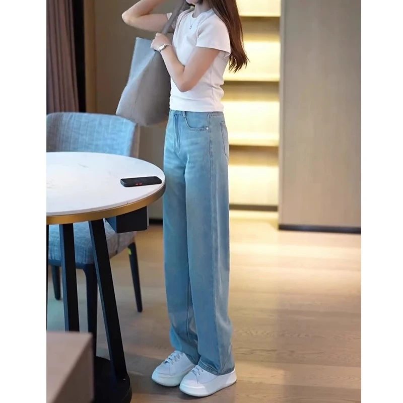 浅色软牛仔裤女夏天薄款2025年新款小个子高腰直筒窄版阔腿裤显高