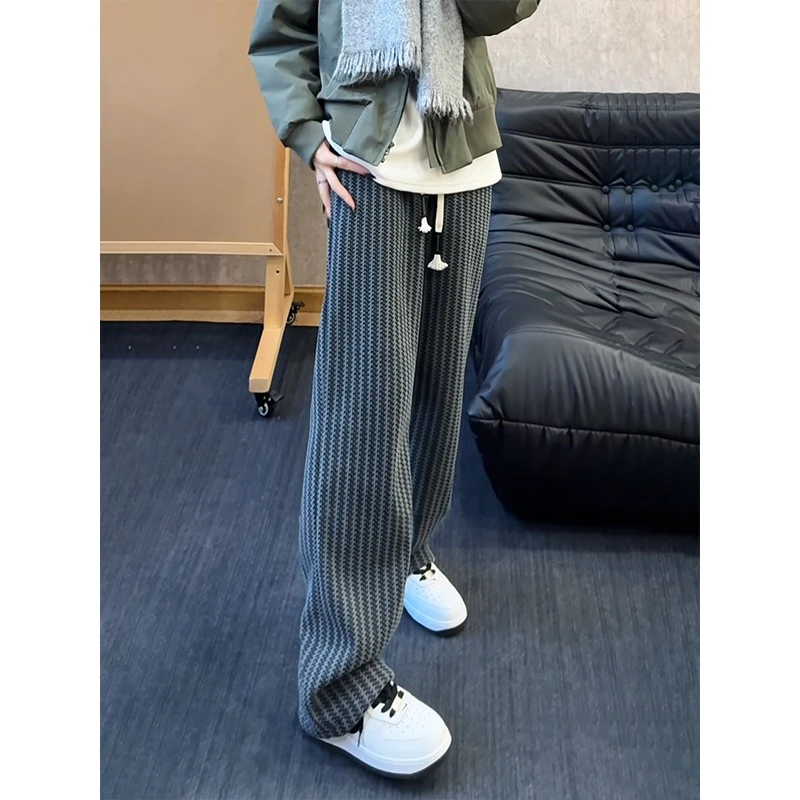 鱼骨纹小香风裤子男款秋冬季加绒加厚重磅针织卫裤宽松直筒休闲裤