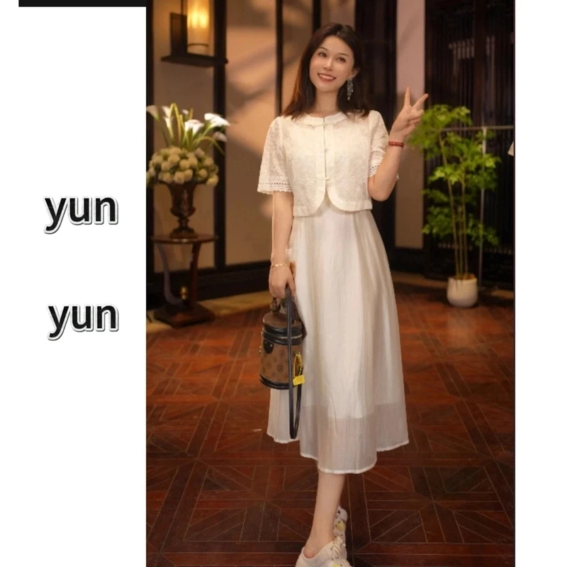 【云云专属】-高品质-优雅气质提花小衫吊带连衣裙套装夏款女套装