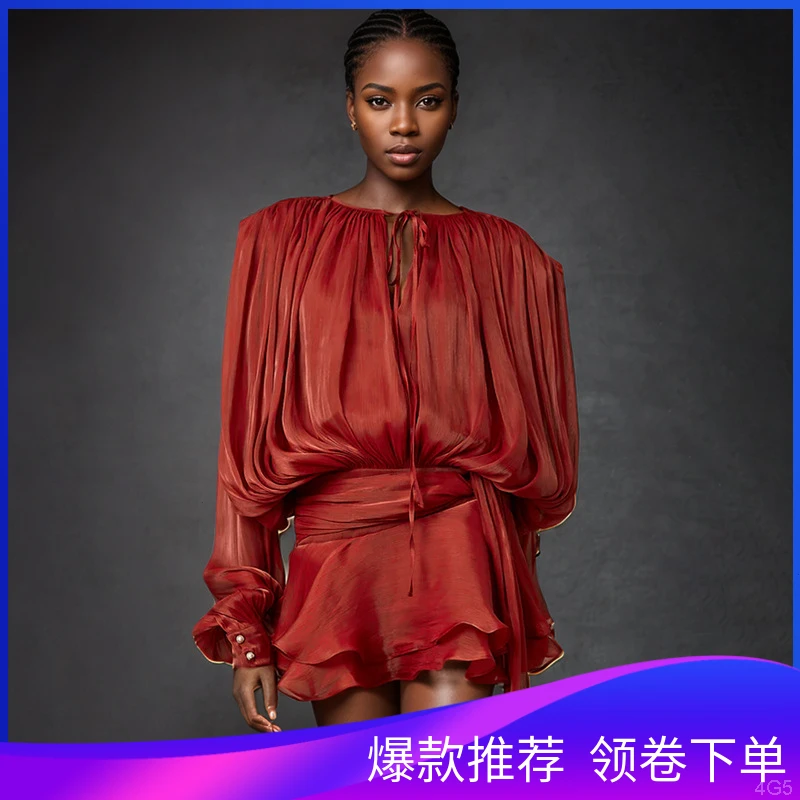 早春连衣裙女设计荷叶边短裙网纱2025压褶短款泡泡袖欧美新款跨境