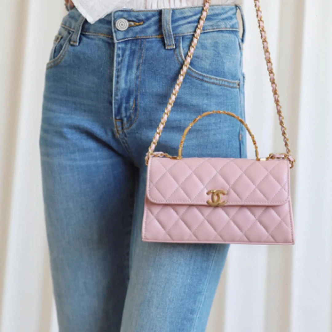 95新 Chanel/香奈儿 22B黑色珐琅手柄kelly芯片单肩包 金扣12613