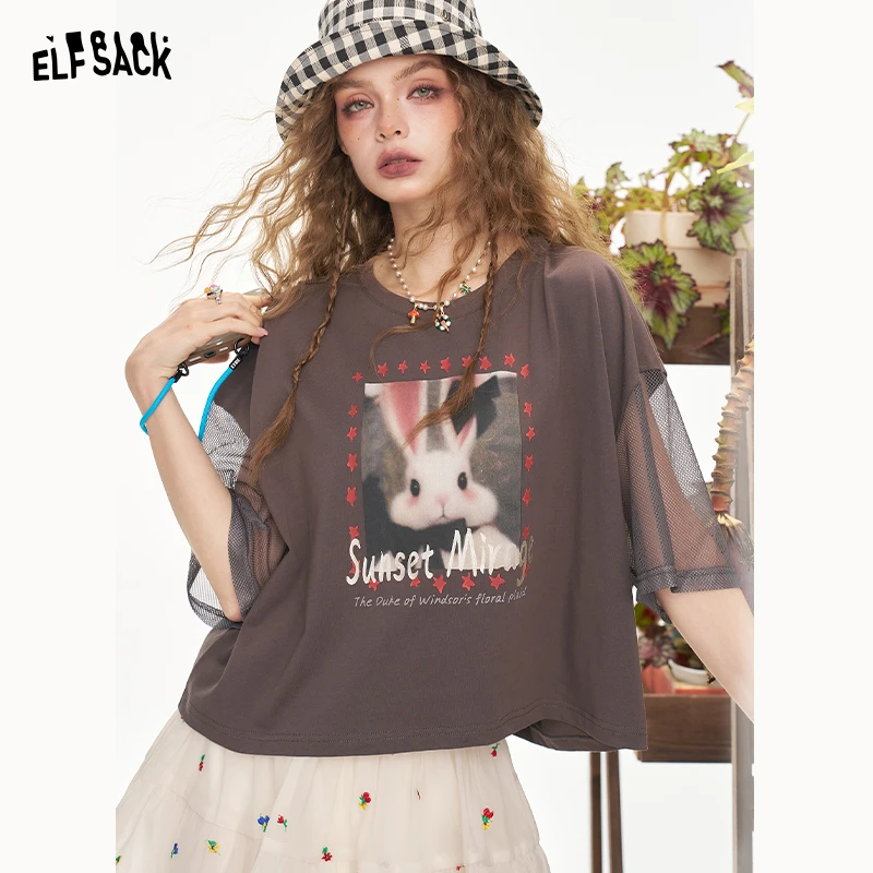 妖精的口袋夏季休闲复古宽松印花圆领ins遮肉上衣甜美25205229