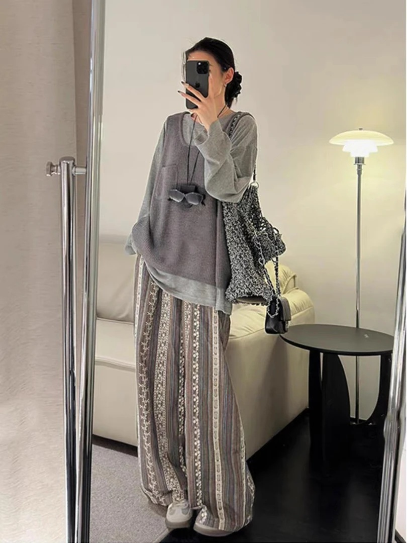 美式春秋两件套格子花纹休闲宽松显瘦裤子休闲马甲上衣大码外套