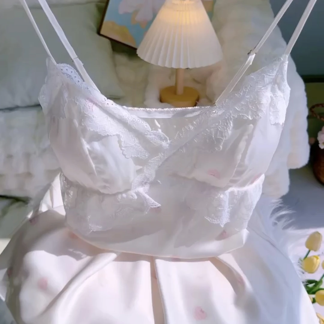 春夏樱桃优雅爱心小花图案吊带睡裙居家舒适透气