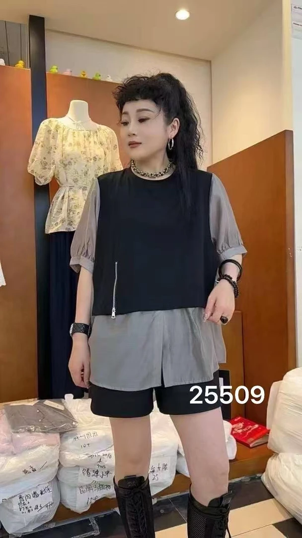 25509气质圆领假两件短袖T恤女夏季2025年新款大码上衣欧洲站女装
