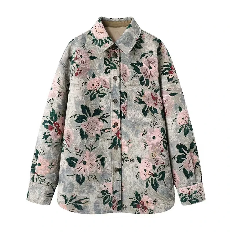 现货2024冬新国风时尚高级感花卉刺绣提花夹克翻领显瘦棉服外套女