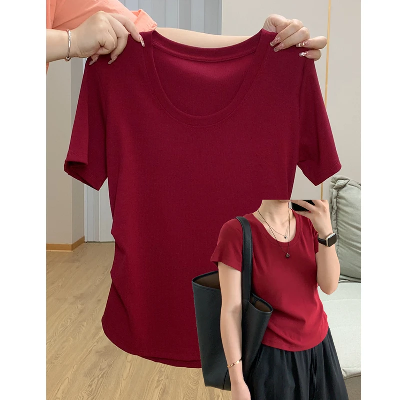 大码胖mm200斤欧货气质U领显瘦短袖t恤女夏季气质时尚休闲上衣ins