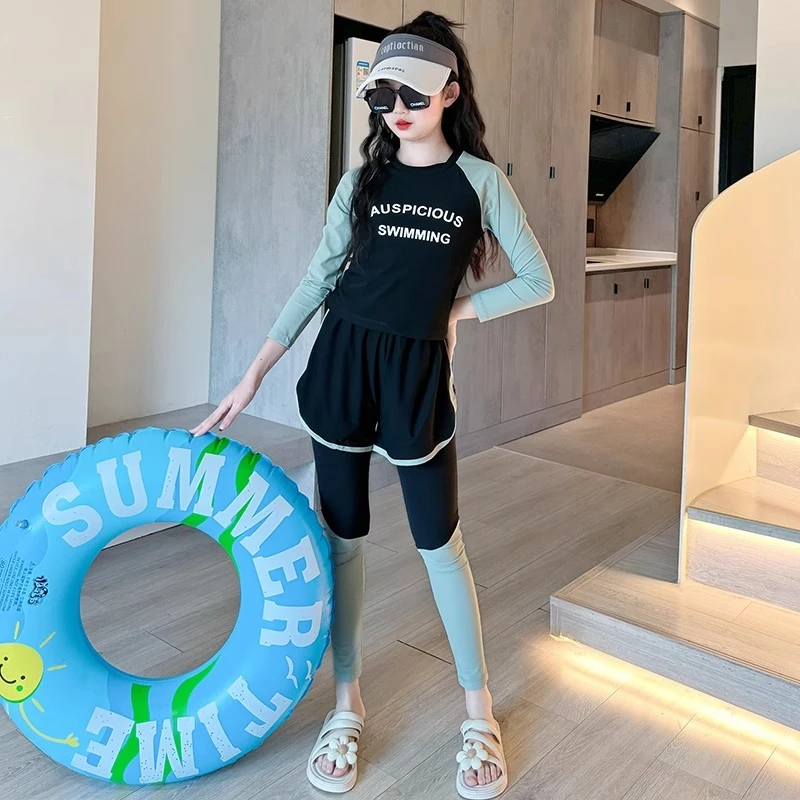儿童泳衣女中大童长袖分体套装速干防晒青少年初中生泳装三件套