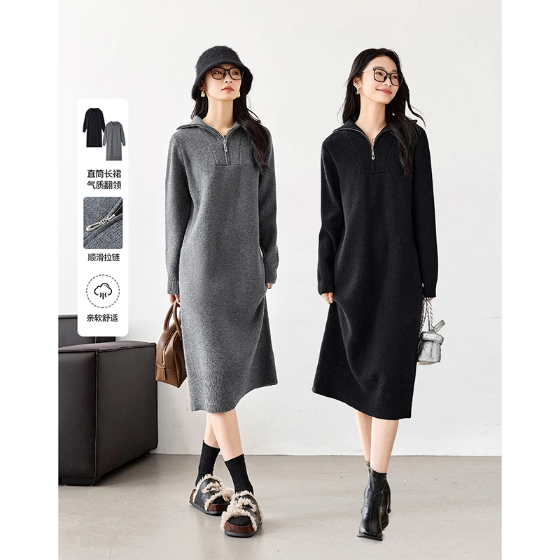 *梵希蔓高领设计感针织连衣裙宽松长袖毛衣裙子73582