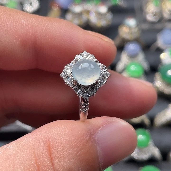 翡翠裸石雪花棉白冰戒指S925银镶