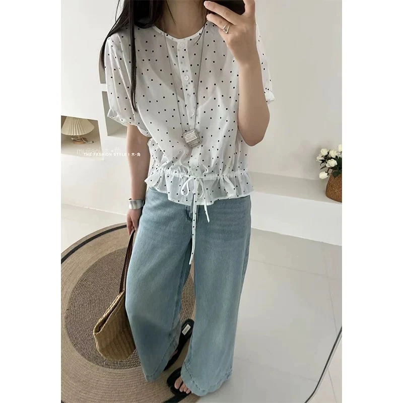 25106极简风短袖短款波点下摆花边抽绳衬衫气质圆领御姐风潮牌
