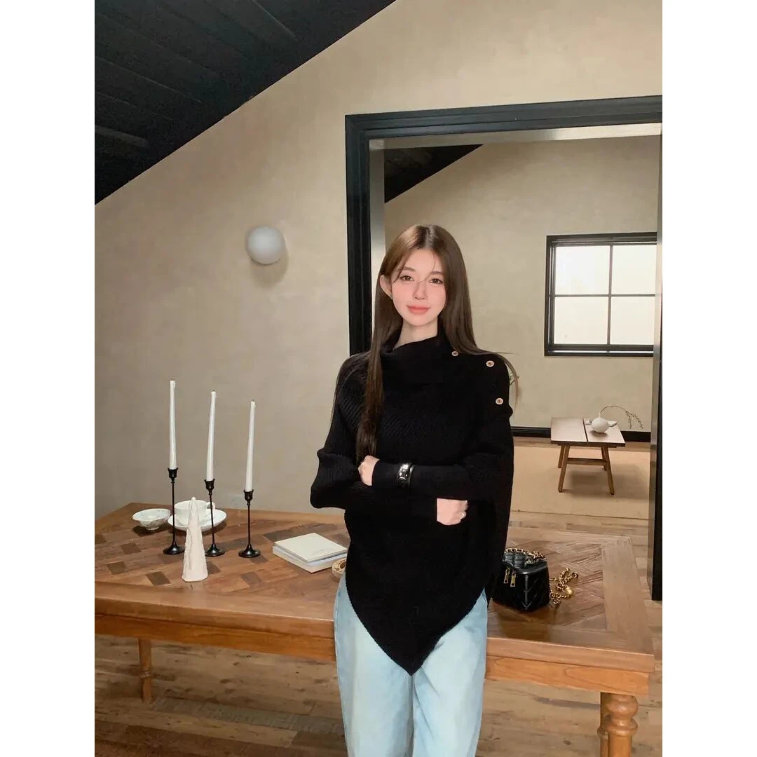 毛衣女秋冬2024不规则气质黑色高领针织衫上衣复古慵懒风长袖上衣