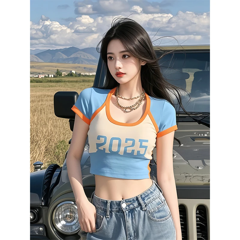 撞色短袖t恤2025新款爆款夏季独特超好看多巴胺高腰露脐短款上衣
