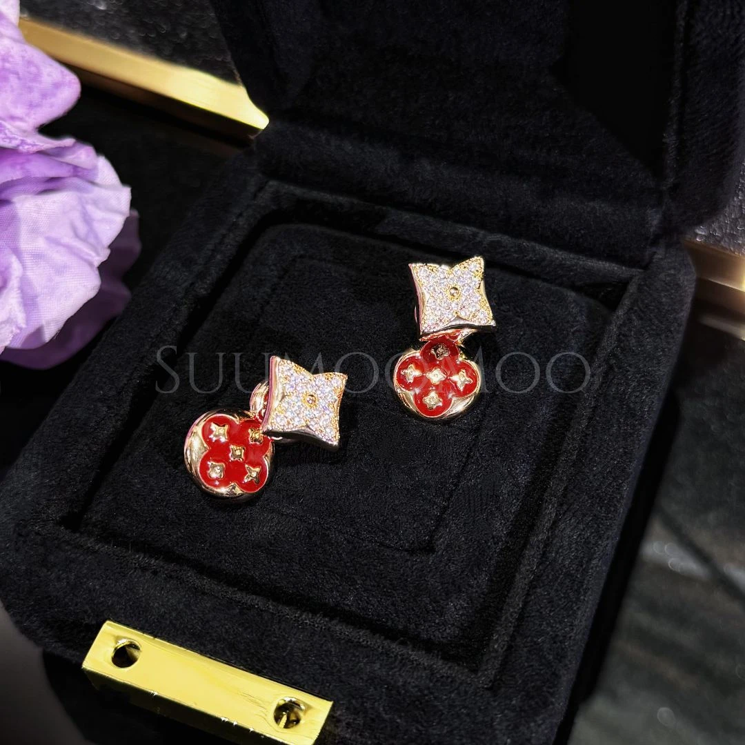 铜合金合成锆石耳饰 法式时尚红色花花耳环
