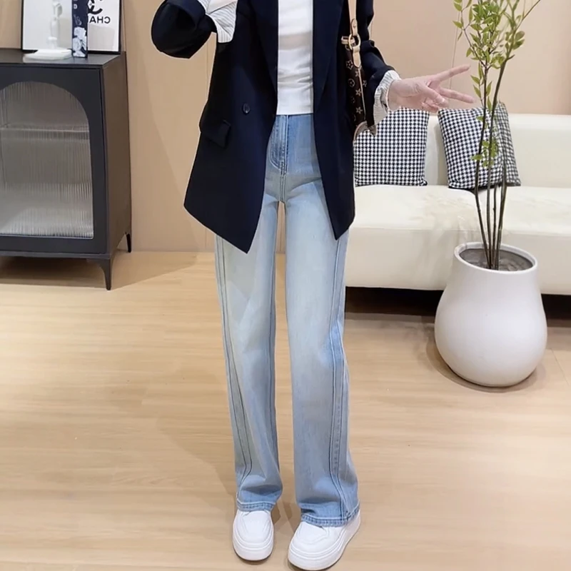 2025年春季新款洋气弹力窄版阔腿裤子大码女装复古百搭直筒牛仔裤