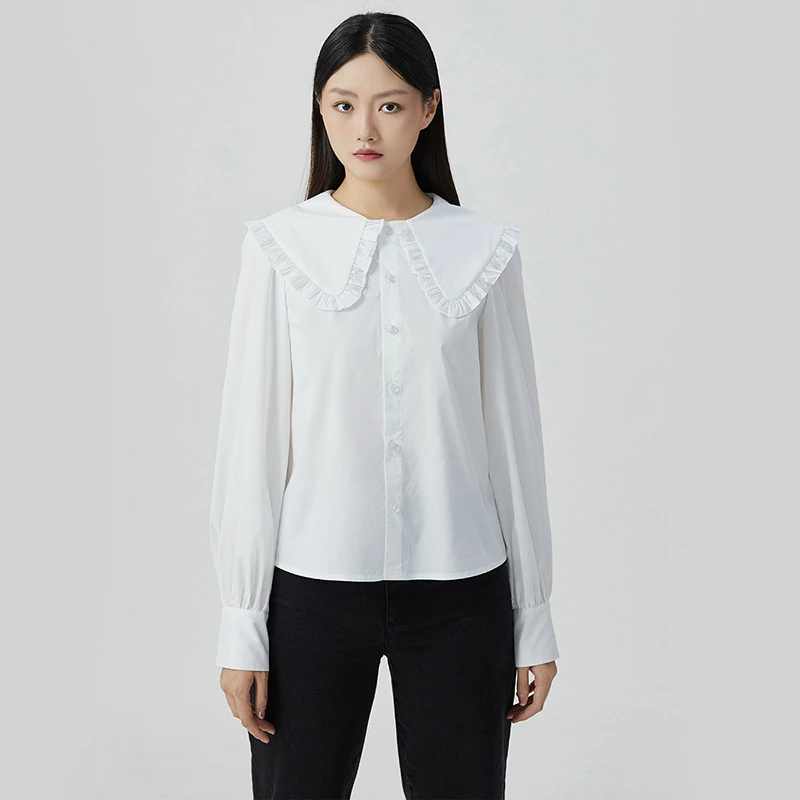 阿玛施AMASS新款女装百搭荷叶领单排扣娃娃衬衫长袖衬衣5300814