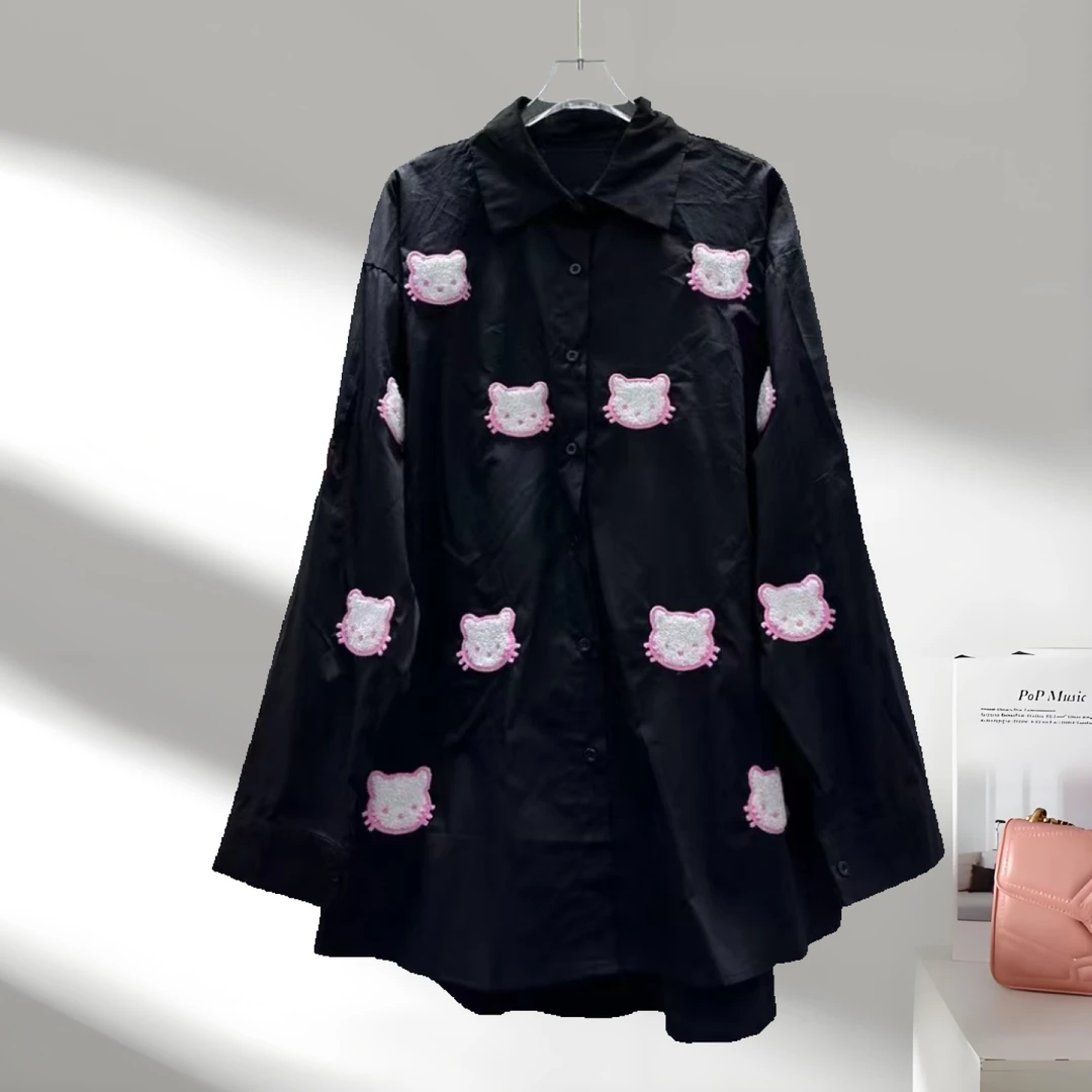 法式立体猫咪图案木耳花边单排扣宽松衬衫花边领衬衣洋气衣服女